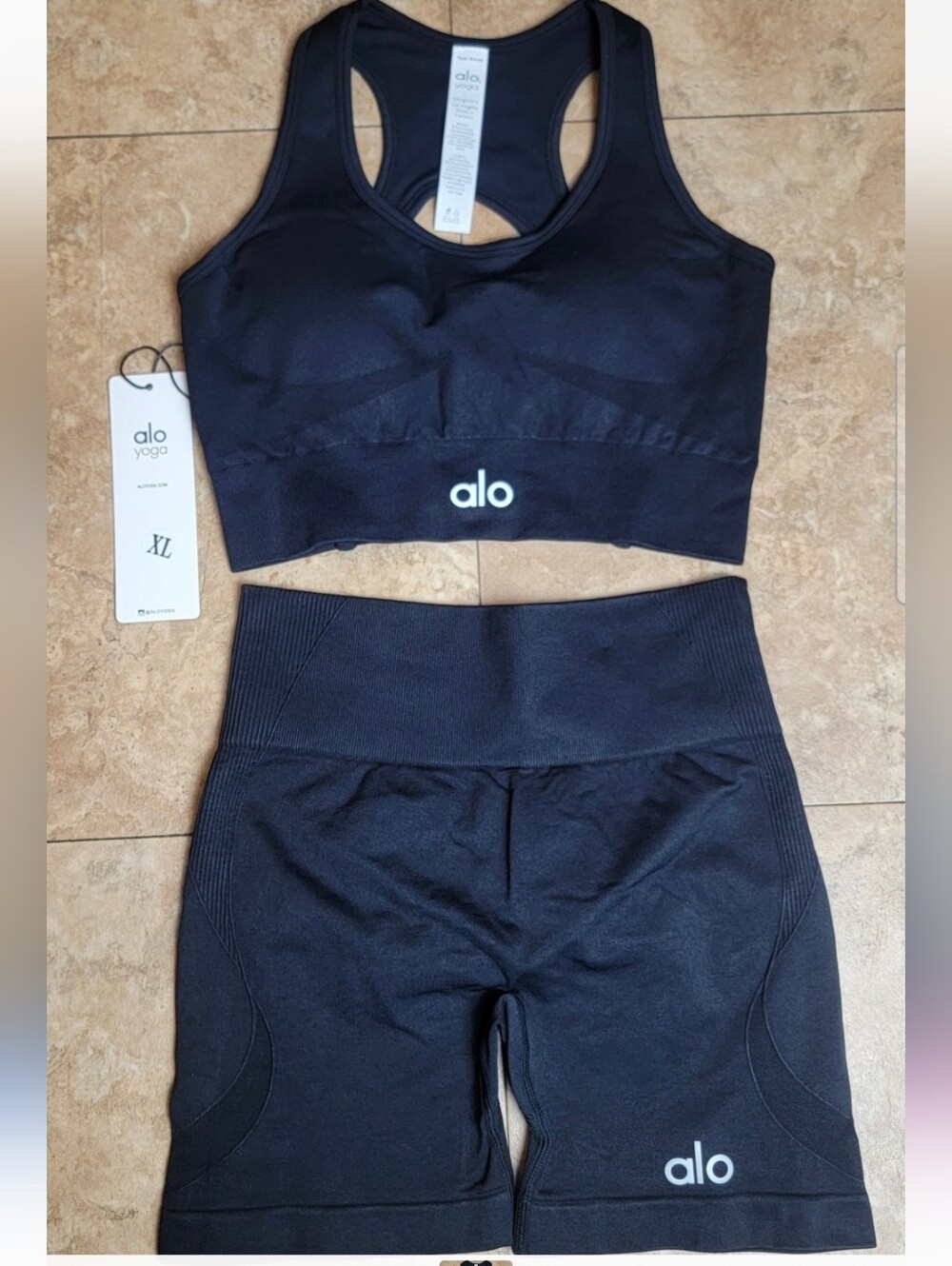 ALO Yoga XL Racerback Sport Bra Biker Shorts Black Athletic Activewear Gym Set